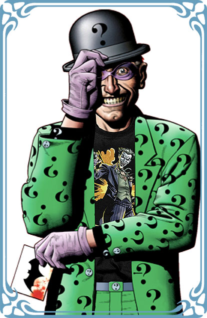 The Riddler with hat wearing a Joker Bang  t shirt under his green suit